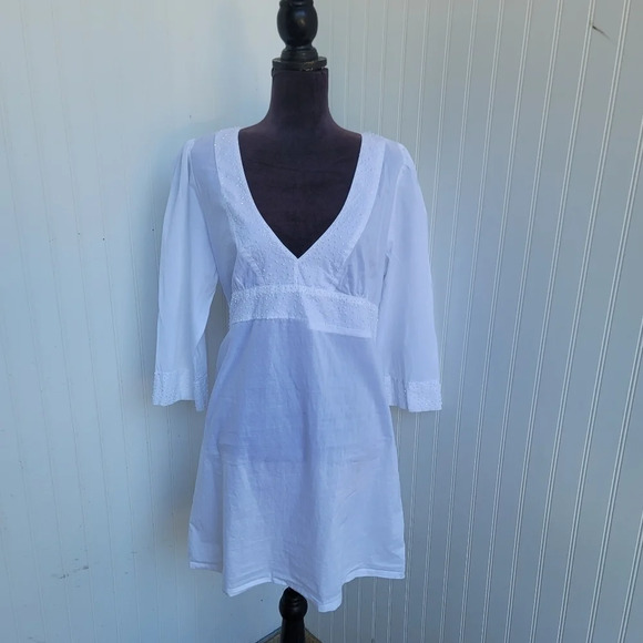 SWIM SYSTEMS 3/4 Sleeve Cover Up DRESS V-Neck Tie White Cotton Beaded Size L - Picture 1 of 13